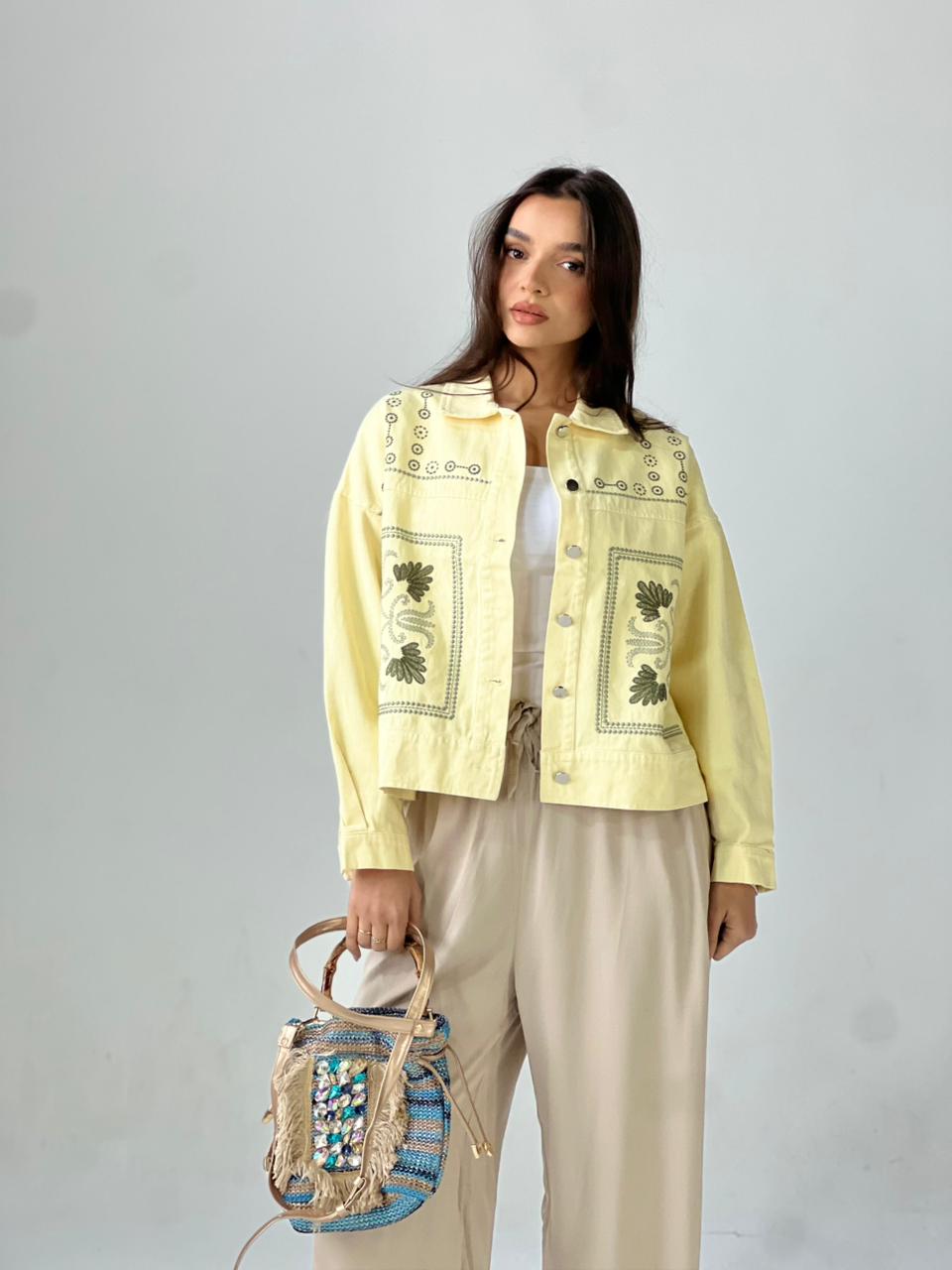 Statement Embroidered Summer Gbrdine Jacket-Yellow X mint