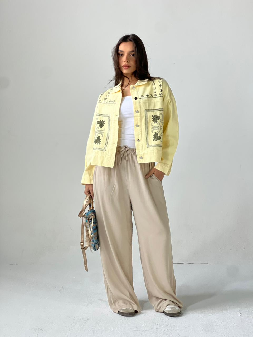 Statement Embroidered Summer Gbrdine Jacket-Yellow X mint