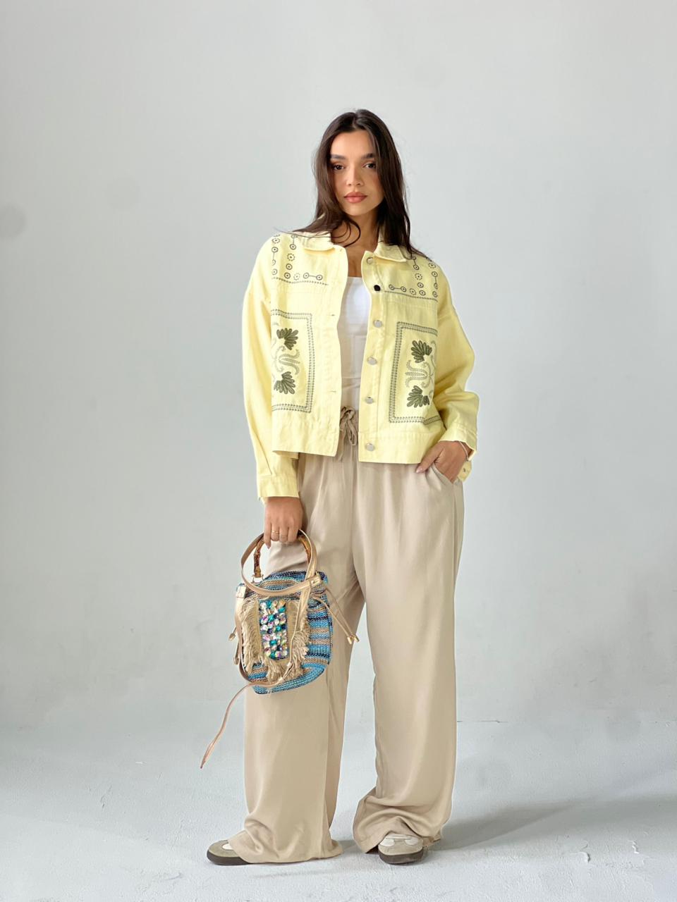 Statement Embroidered Summer Gbrdine Jacket-Yellow X mint