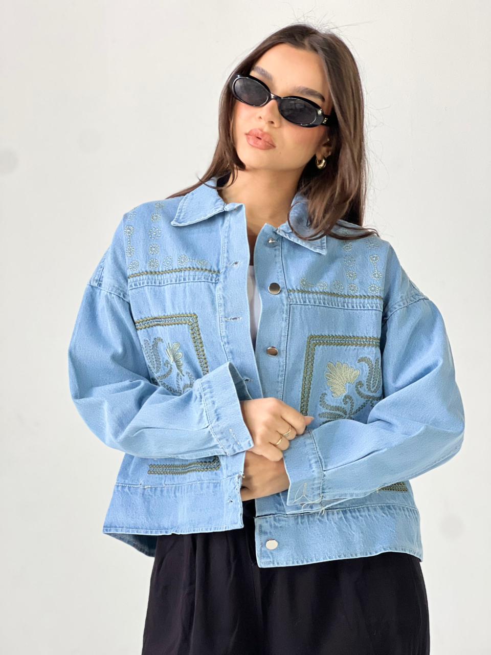 Statement Embroidered Summer Denim Jacket-Light Blue X mint