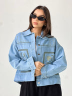 Statement Embroidered Summer Denim Jacket-Light Blue X mint