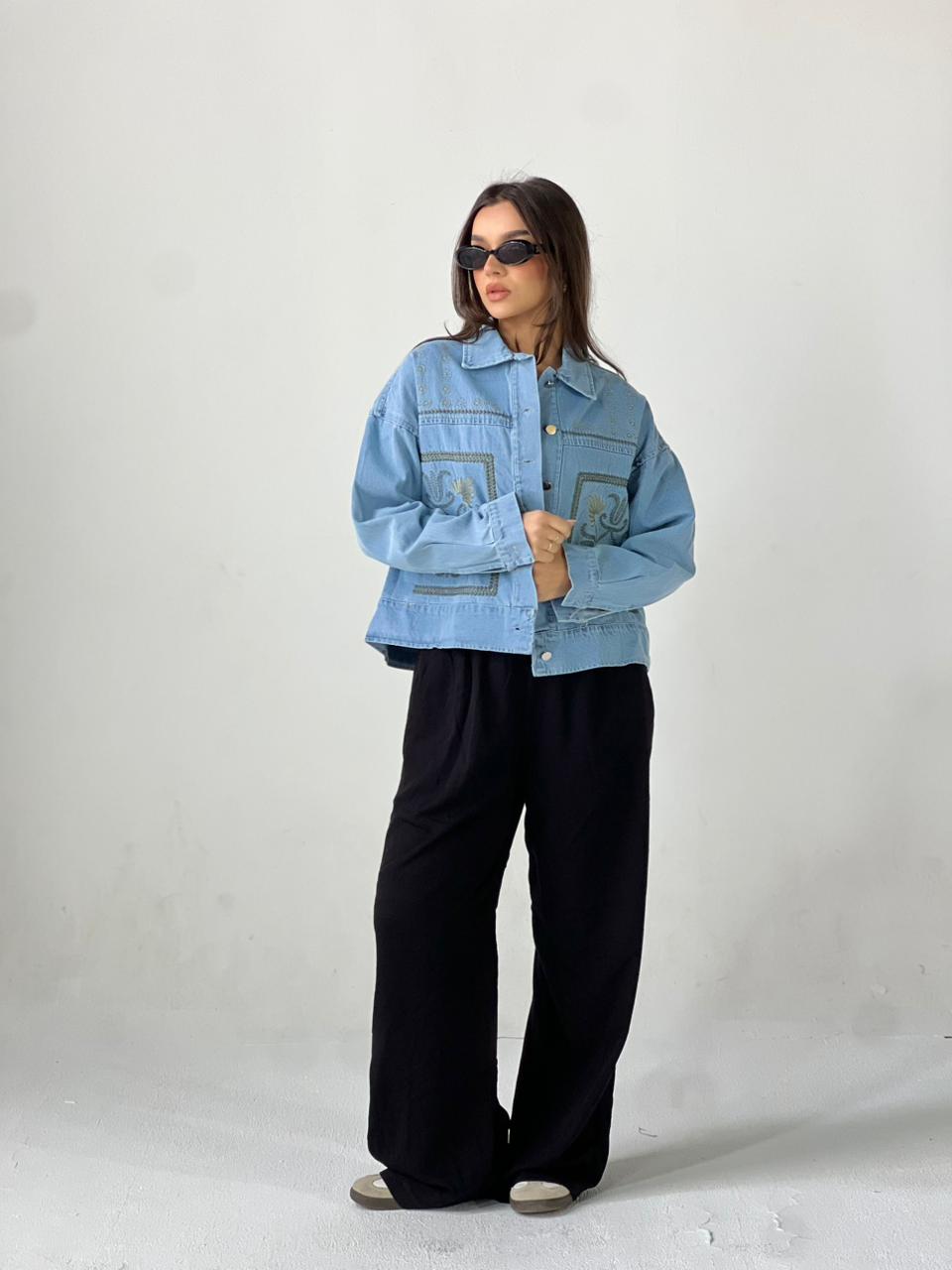 Statement Embroidered Summer Denim Jacket-Light Blue X mint