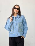 Statement Embroidered Summer Denim Jacket-Light Blue X mint