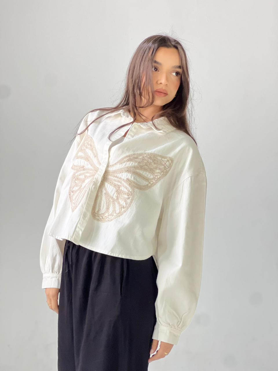 Butterfly Embroidered Summer Oversized Shirt-White