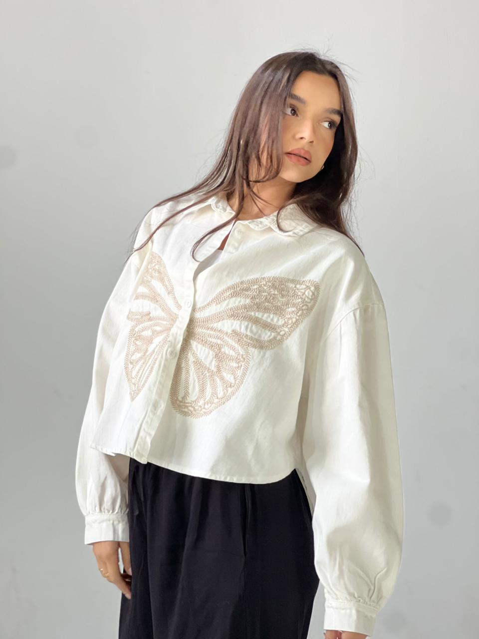 Butterfly Embroidered Summer Oversized Shirt-White