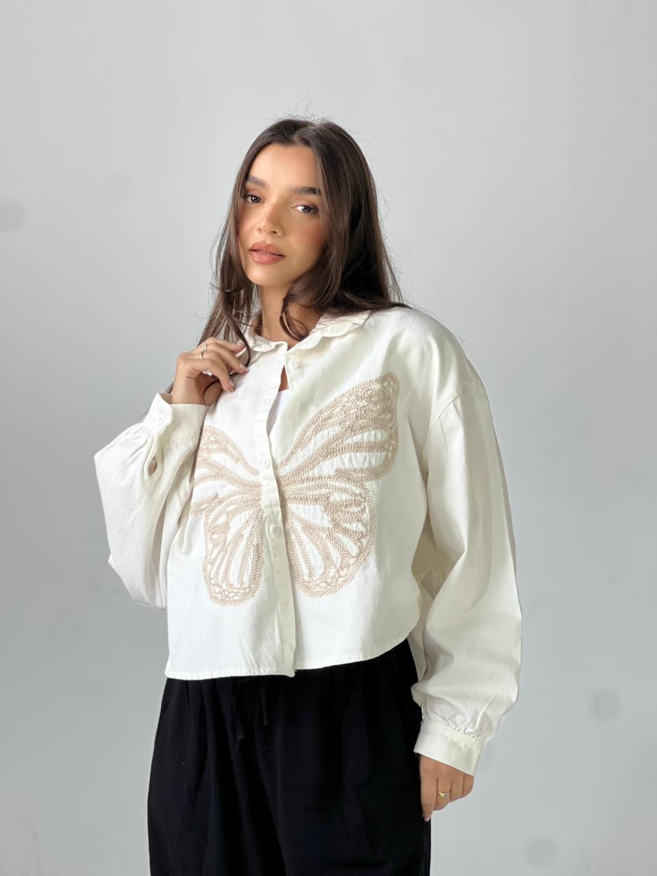 Butterfly Embroidered Summer Oversized Shirt-White