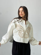 Butterfly Embroidered Summer Oversized Shirt-White