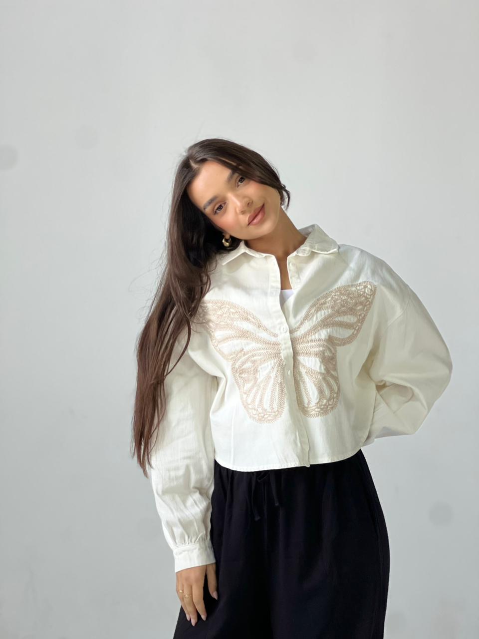 Butterfly Embroidered Summer Oversized Shirt-White