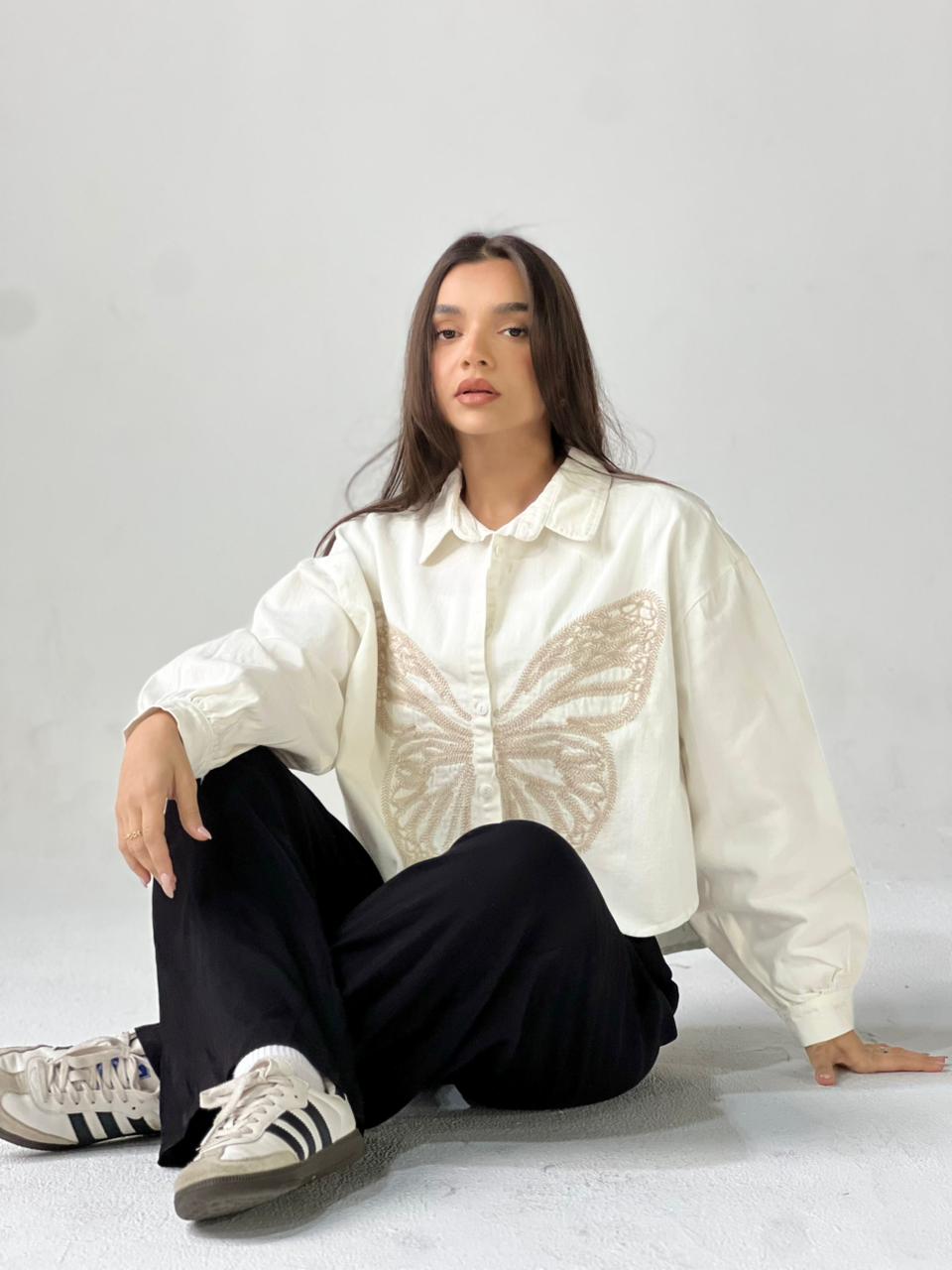 Butterfly Embroidered Summer Oversized Shirt-White