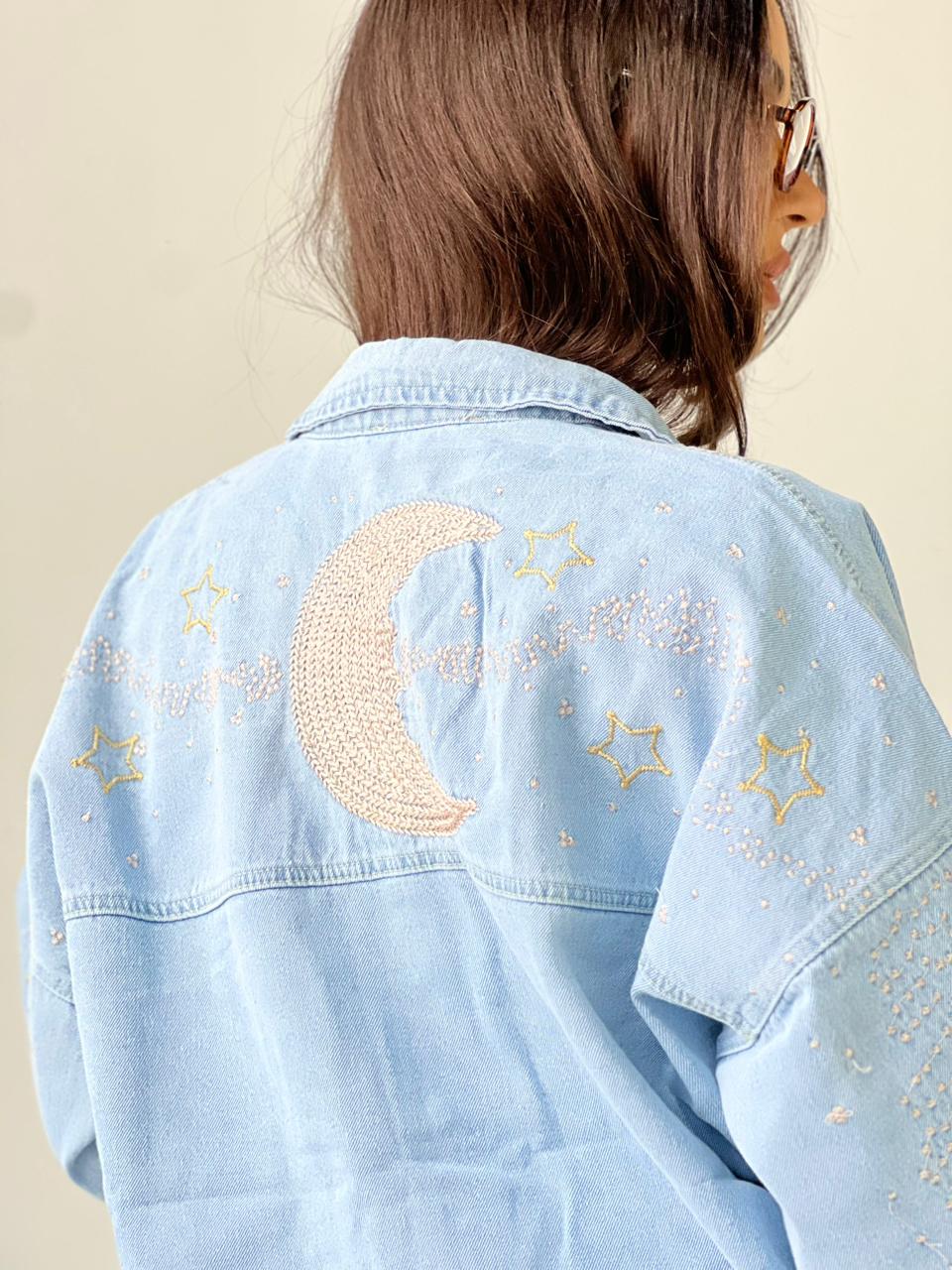 Moonlight Embroidered Denim Jacket-Light Blue