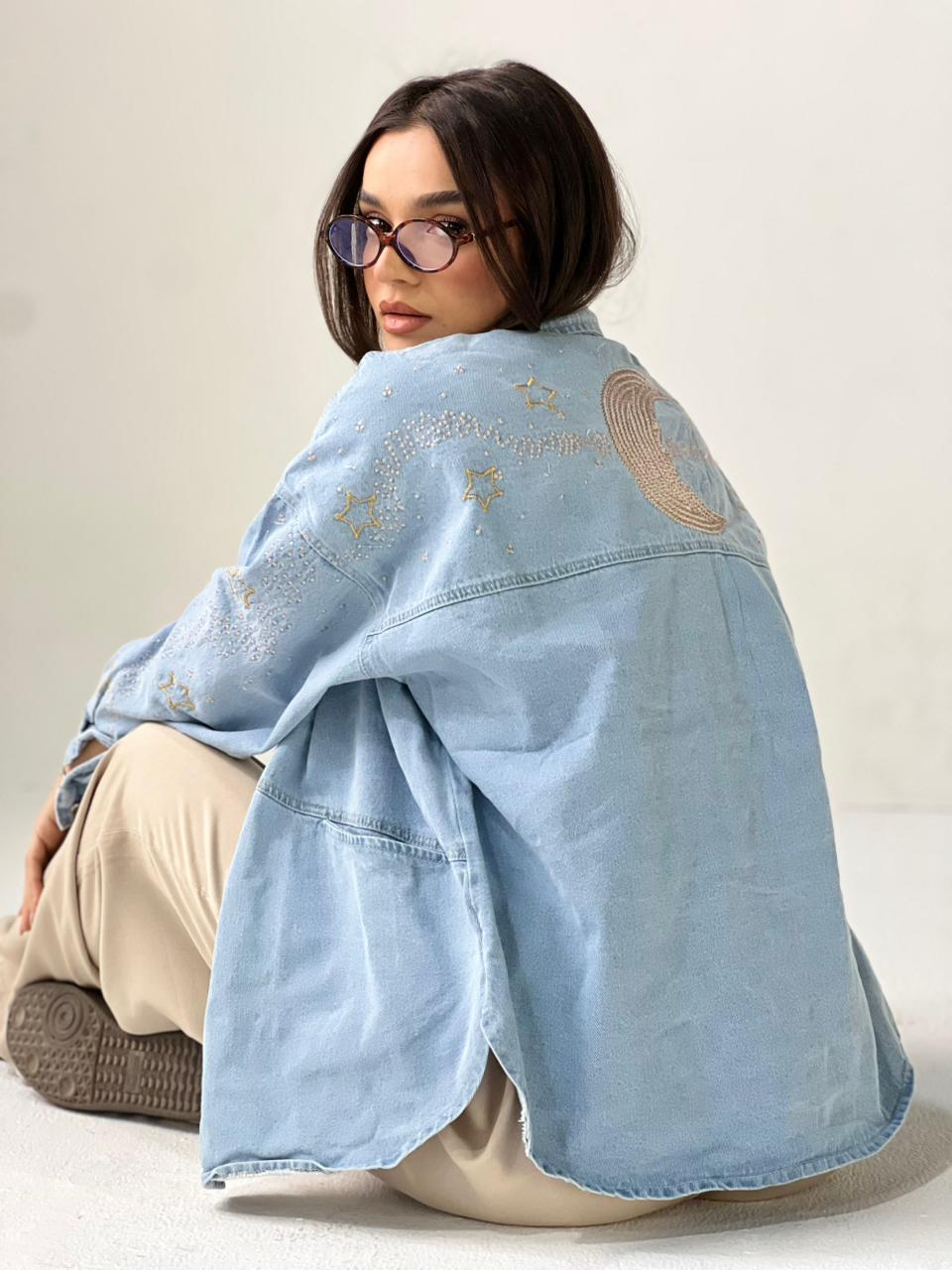 Moonlight Embroidered Denim Jacket-Light Blue