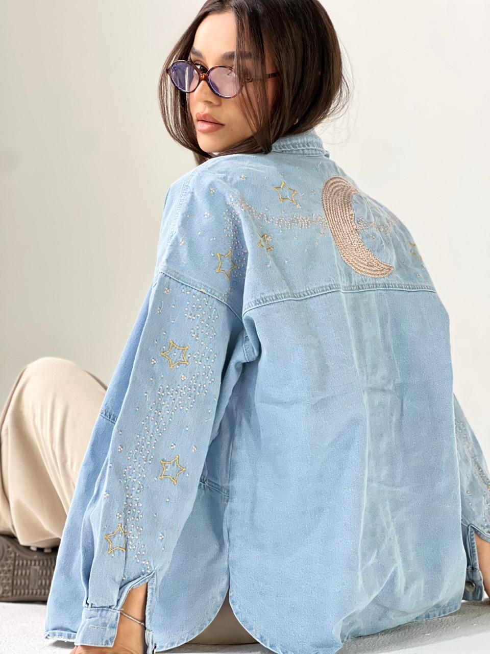 Moonlight Embroidered Denim Jacket-Light Blue