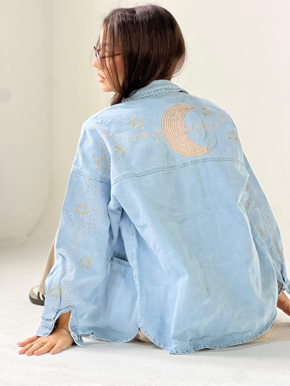 Moonlight Embroidered Denim Jacket-Light Blue