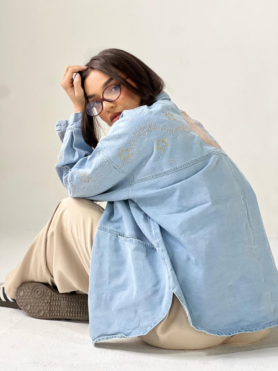Moonlight Embroidered Denim Jacket-Light Blue