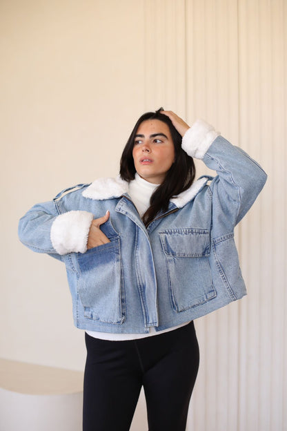 Oversized denim fur jacket - blue