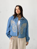Butterfly Embroidered Summer Oversized Shirt-Light Blue