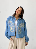 Butterfly Embroidered Summer Oversized Shirt-Light Blue
