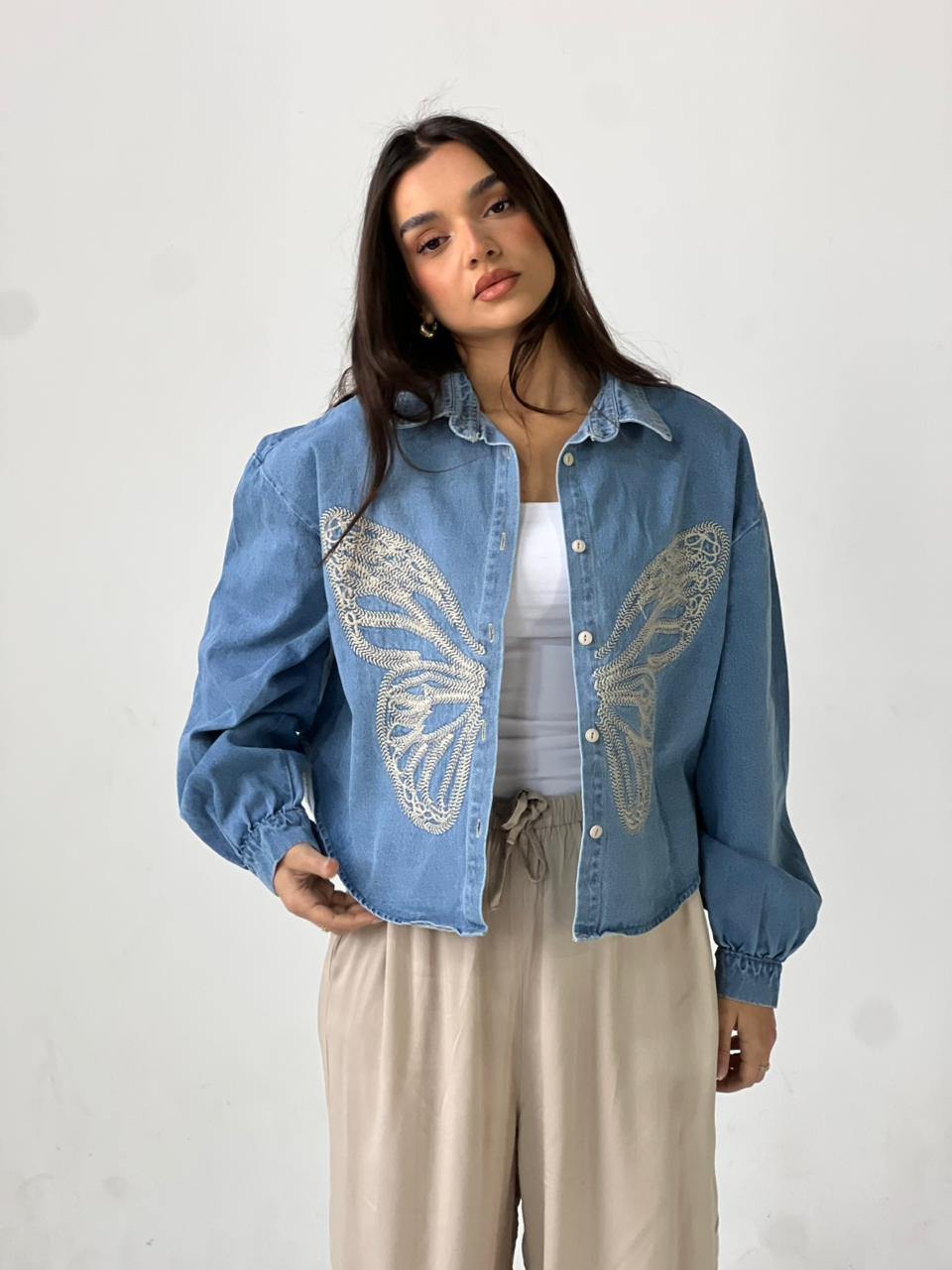 Butterfly Embroidered Summer Oversized Shirt-Light Blue