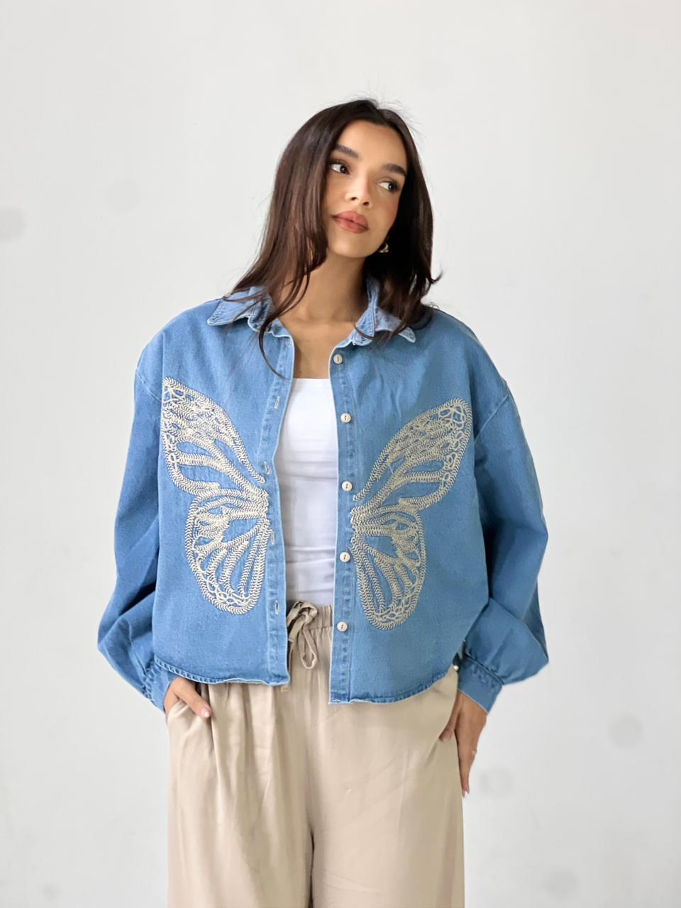 Butterfly Embroidered Summer Oversized Shirt-Light Blue