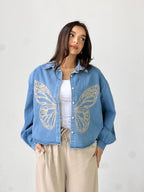 Butterfly Embroidered Summer Oversized Shirt-Light Blue