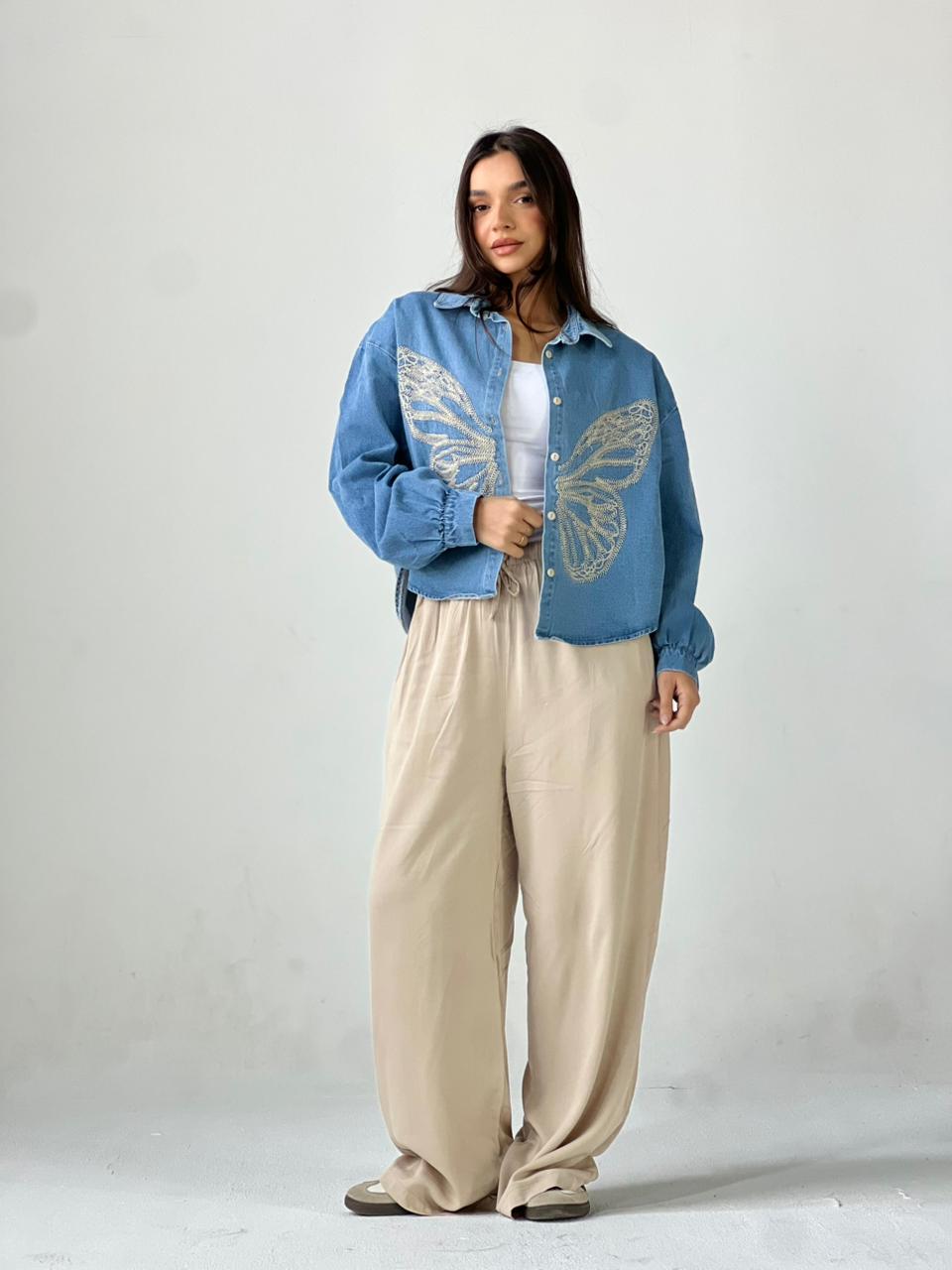 Butterfly Embroidered Summer Oversized Shirt-Light Blue