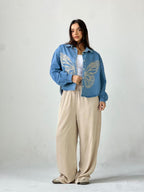 Butterfly Embroidered Summer Oversized Shirt-Light Blue