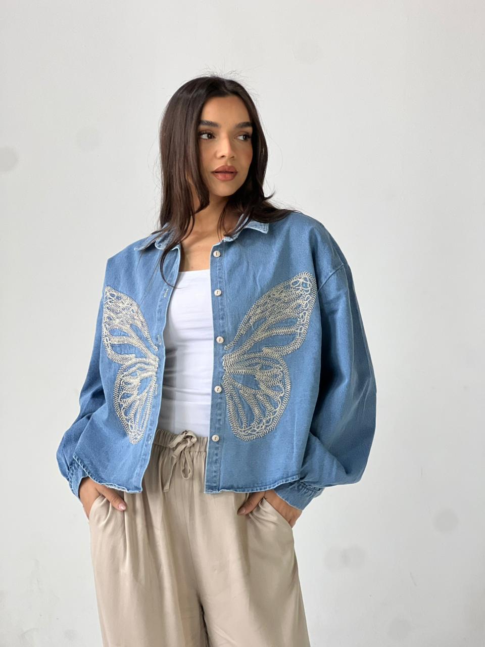 Butterfly Embroidered Summer Oversized Shirt-Light Blue