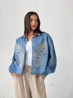 Butterfly Embroidered Summer Oversized Shirt-Light Blue