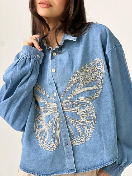 Butterfly Embroidered Summer Oversized Shirt-Light Blue