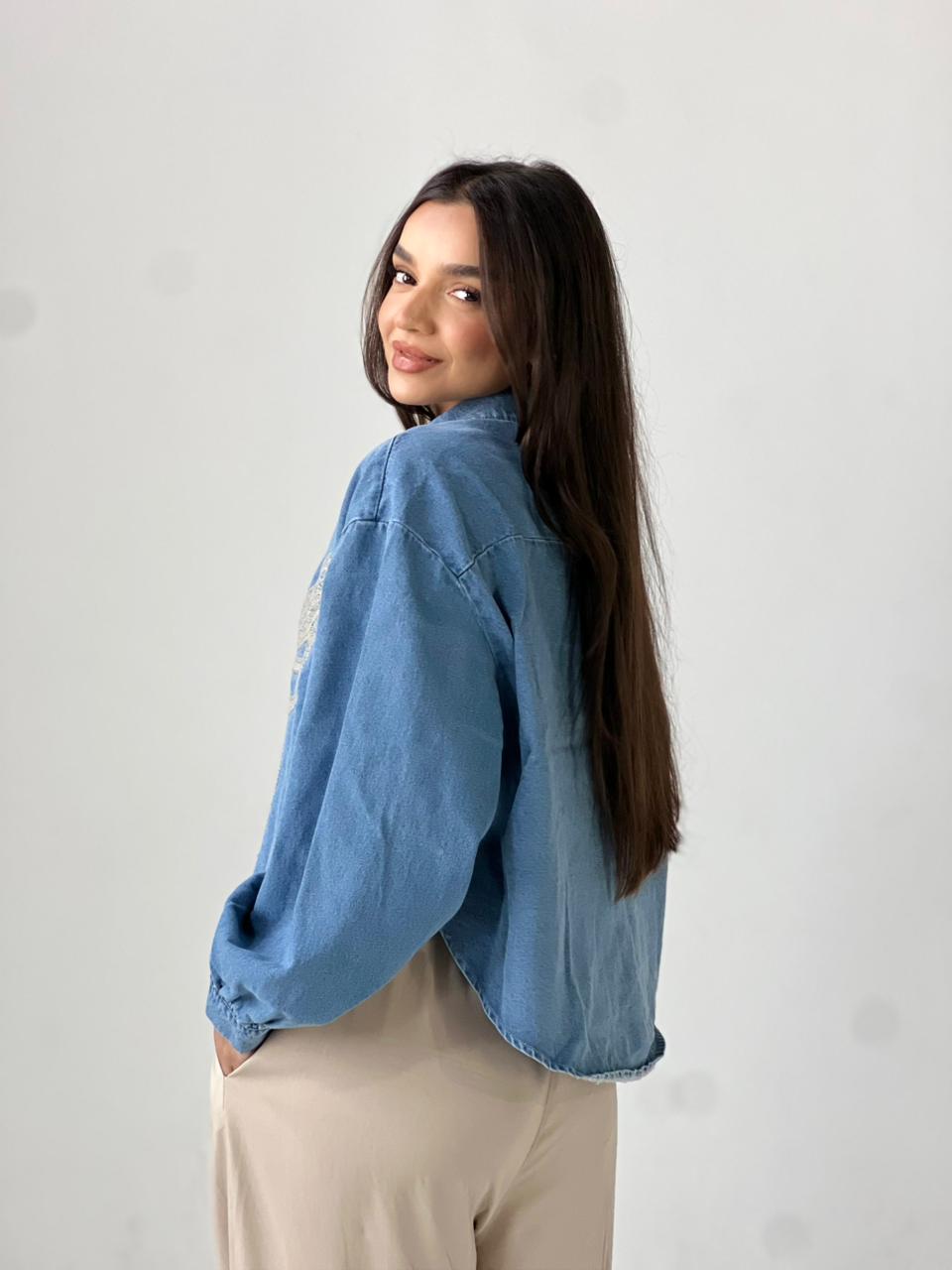 Butterfly Embroidered Summer Oversized Shirt-Light Blue