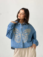 Butterfly Embroidered Summer Oversized Shirt-Light Blue