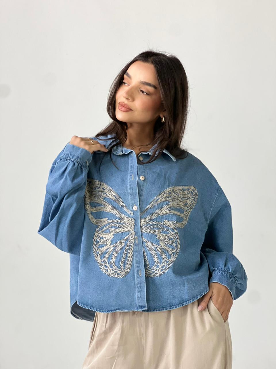 Butterfly Embroidered Summer Oversized Shirt-Light Blue