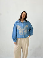 Butterfly Embroidered Summer Oversized Shirt-Light Blue