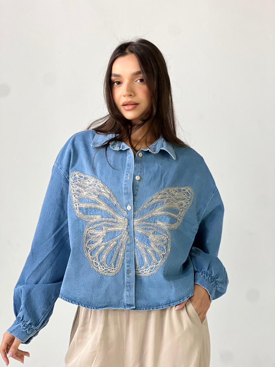 Butterfly Embroidered Summer Oversized Shirt-Light Blue