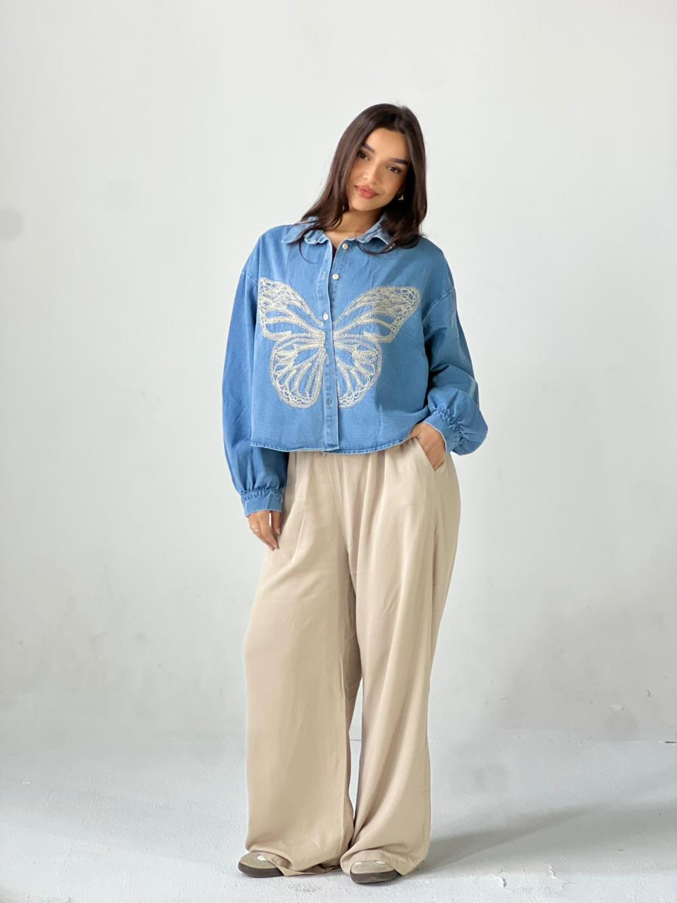 Butterfly Embroidered Summer Oversized Shirt-Light Blue