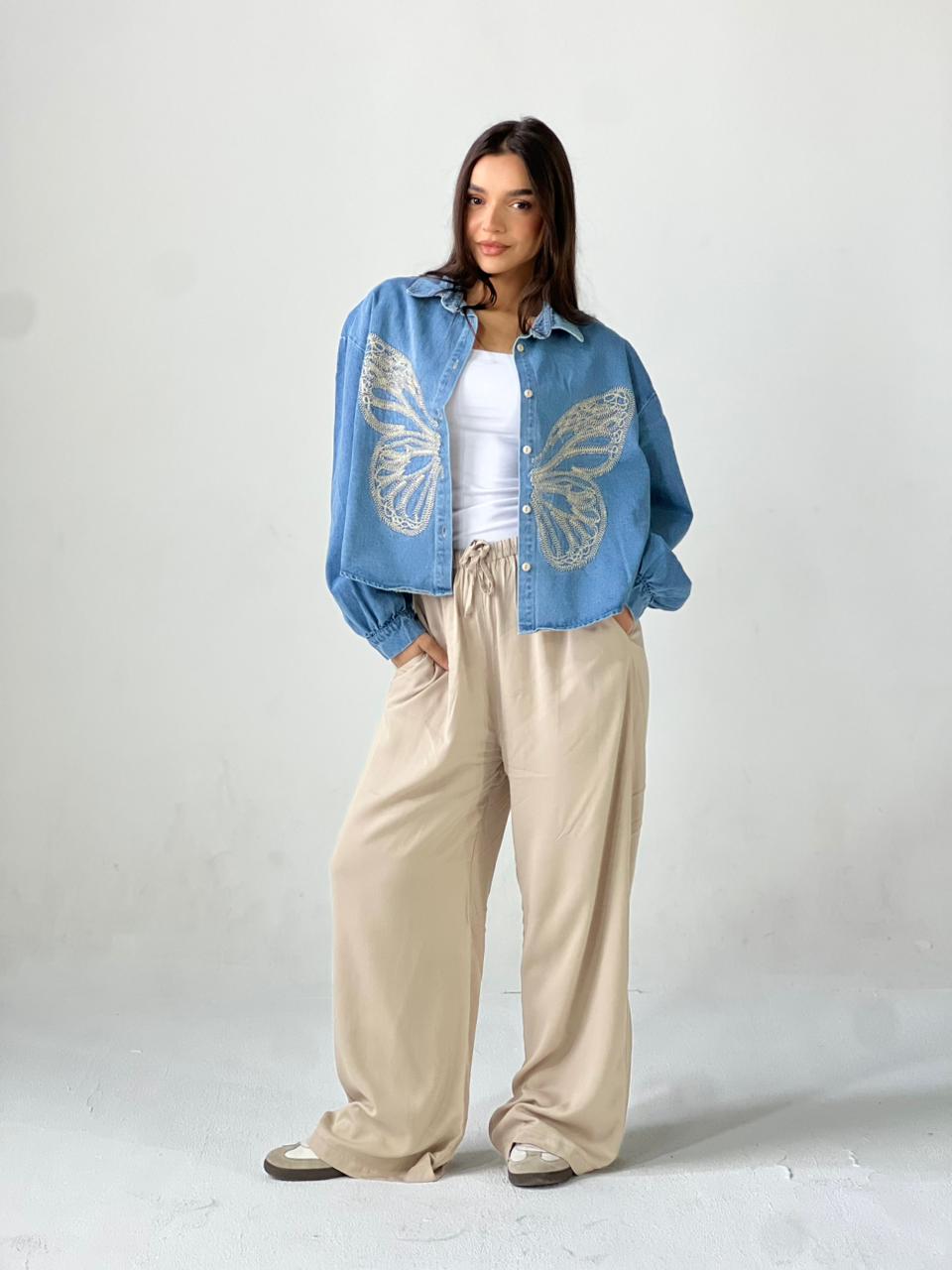Butterfly Embroidered Summer Oversized Shirt-Light Blue