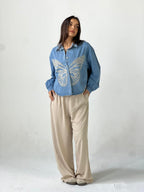 Butterfly Embroidered Summer Oversized Shirt-Light Blue