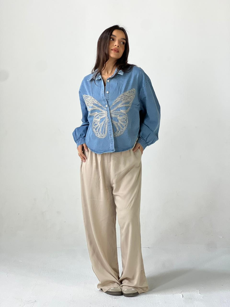Butterfly Embroidered Summer Oversized Shirt-Light Blue
